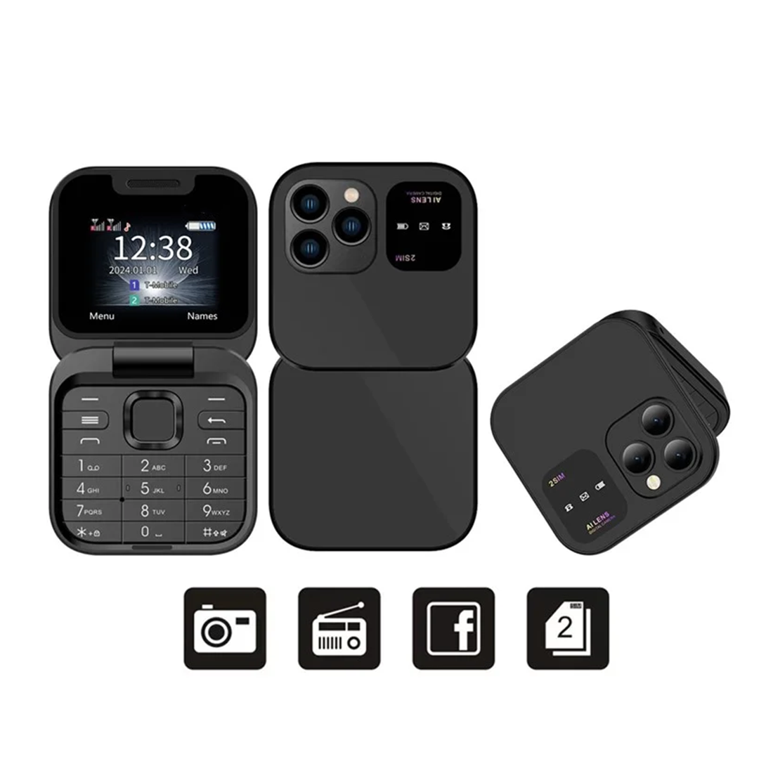 Téléphone de poche pliable 1,77" I16 PRO Double SIM Caméra Bluetooth MP4