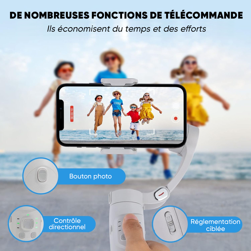 Stabilisateur de Smartphone à 3 Axes avec Trépied Pliable pour Photos et Vidéos