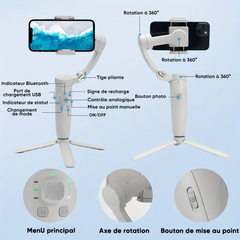 Stabilisateur de Smartphone à 3 Axes avec Trépied Pliable pour Photos et Vidéos