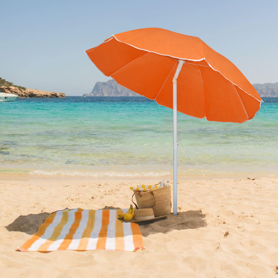 Parasol de plage inclinable antivent avec 8 baleines, mât en aluminium de 180 cm