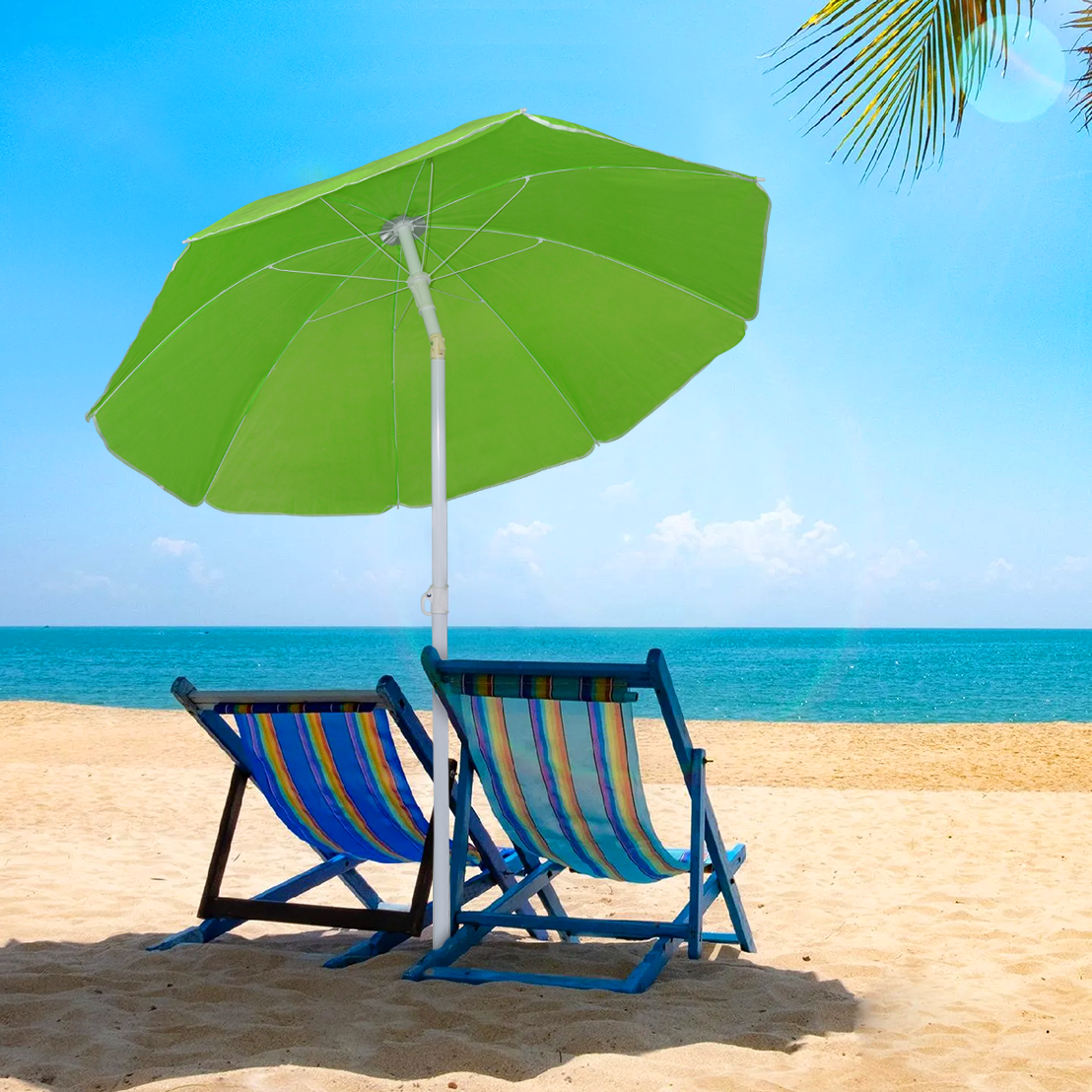 Parasol de plage inclinable antivent avec 8 baleines, mât en aluminium de 180 cm