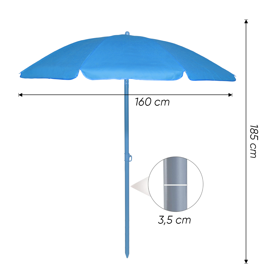 Parasol de Plage TNT Palinuro H185cm Inclinable 8 Bâtons Poteau en Aluminium