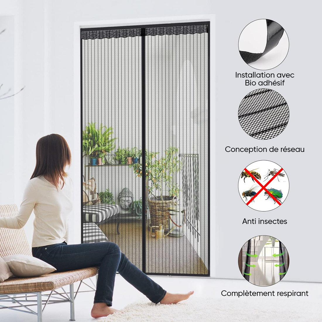 Moustiquaire Magnétique Portes Fermeture Aimant 100x210cm Rideau Anti-Moustiques