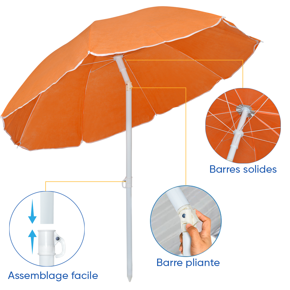 Parasol de plage inclinable antivent avec 8 baleines, mât en aluminium de 180 cm