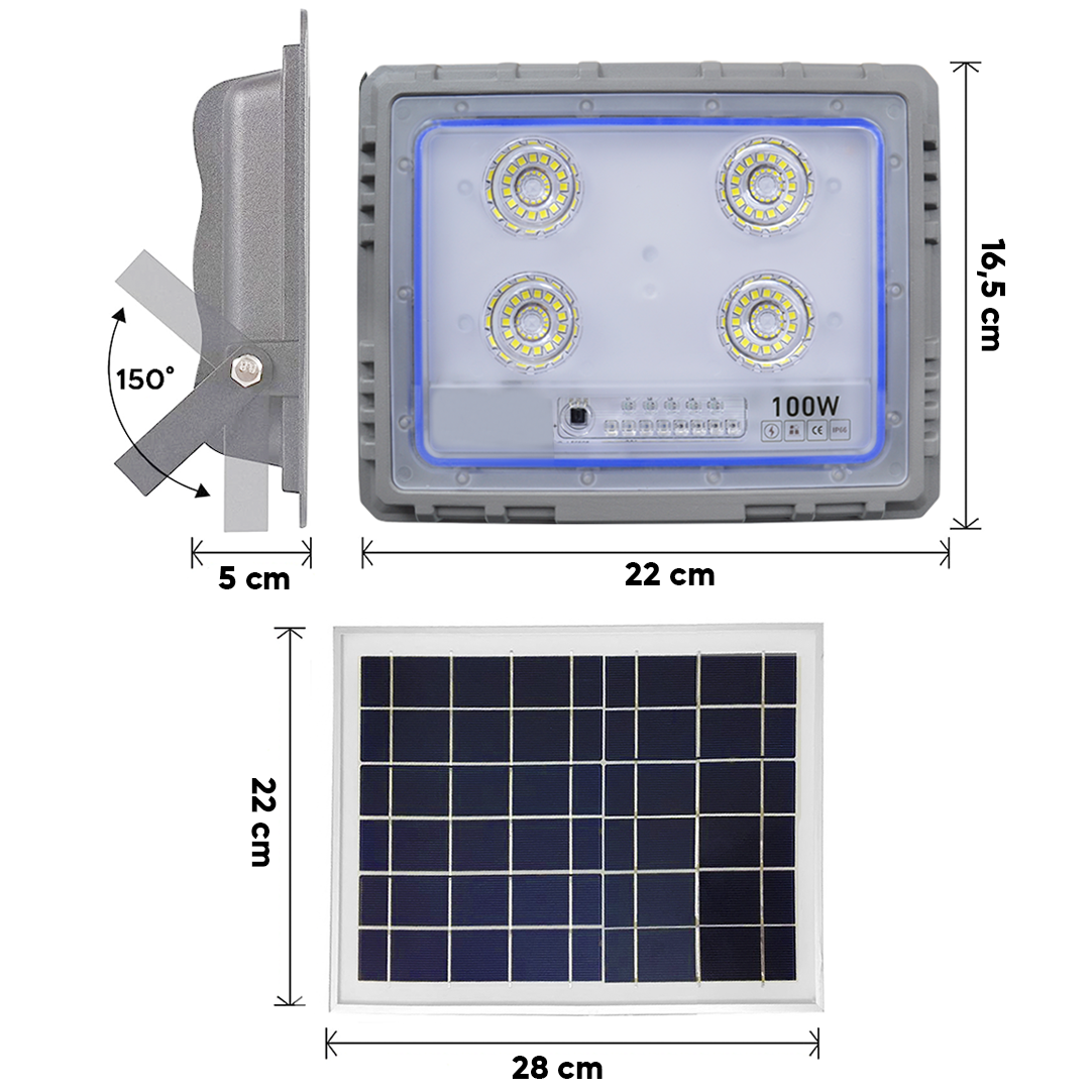 Projecteur Solaire LED 100W Panneau Solaire Crépusculaire 6500K IP66 Télécommand