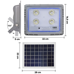 Projecteur Solaire LED 100W Panneau Solaire Crépusculaire 6500K IP66 Télécommand