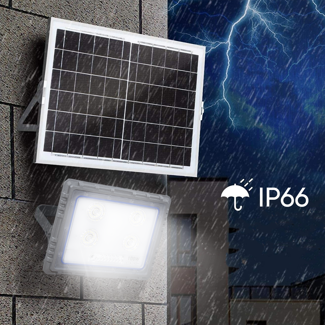 Projecteur Solaire LED 100W Panneau Solaire Crépusculaire 6500K IP66 Télécommand