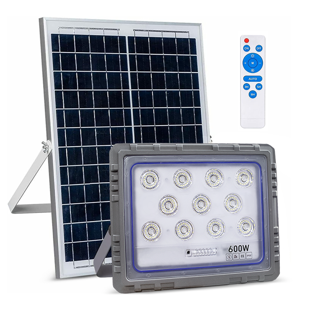 Projecteur Solaire LED 600W Panneau Solaire Crépusculaire 6500K IP66 Télécommand