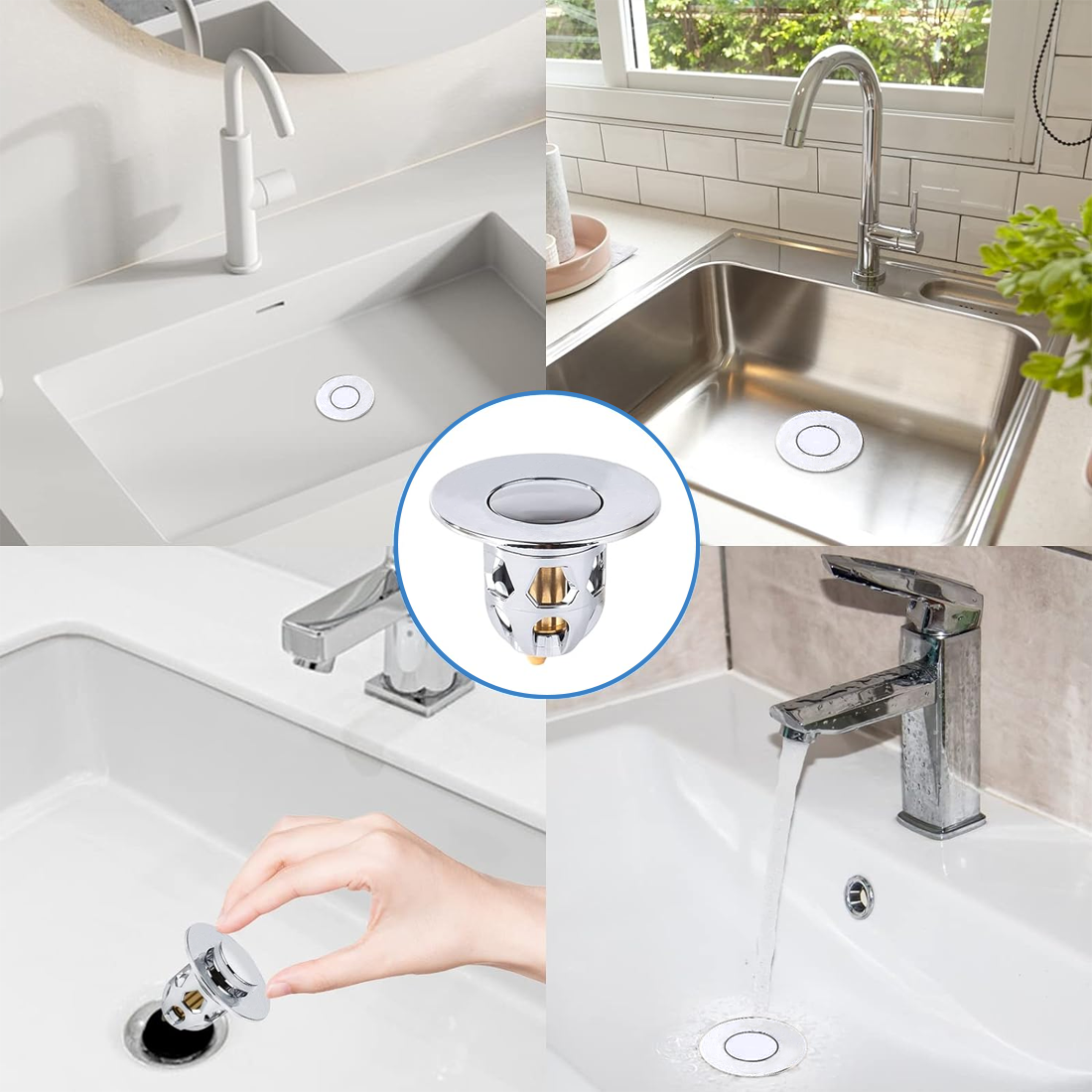 Set 4 Bouchons lavabo universel système pop-up, anti-blocage ABS 34-40 mm.