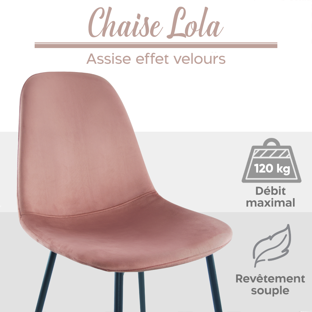 Lot de 4 chaises LOLA au design moderne en velours, structure en métal.
