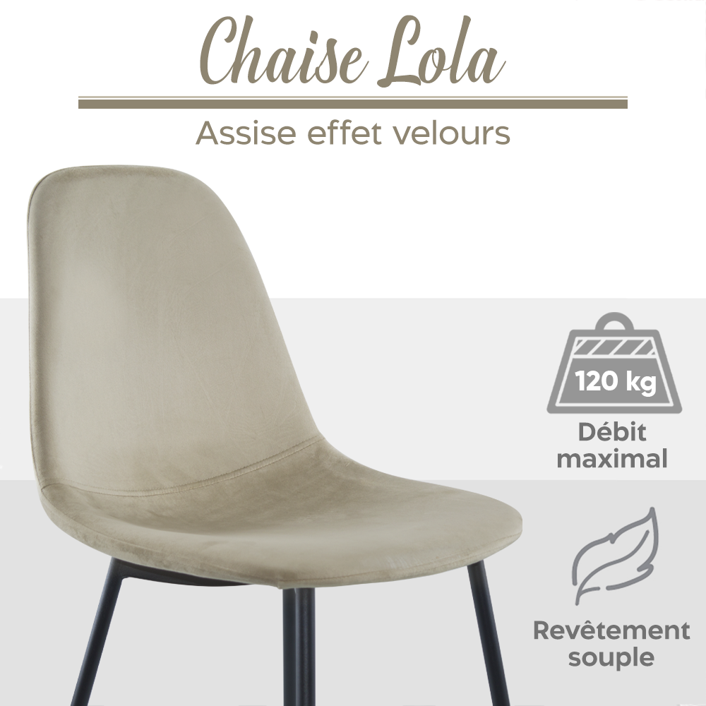 Lot de 4 chaises LOLA au design moderne en velours, structure en métal.