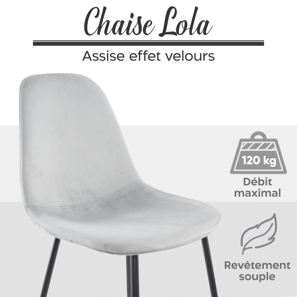 Lot de 4 chaises LOLA au design moderne en velours, structure en métal.