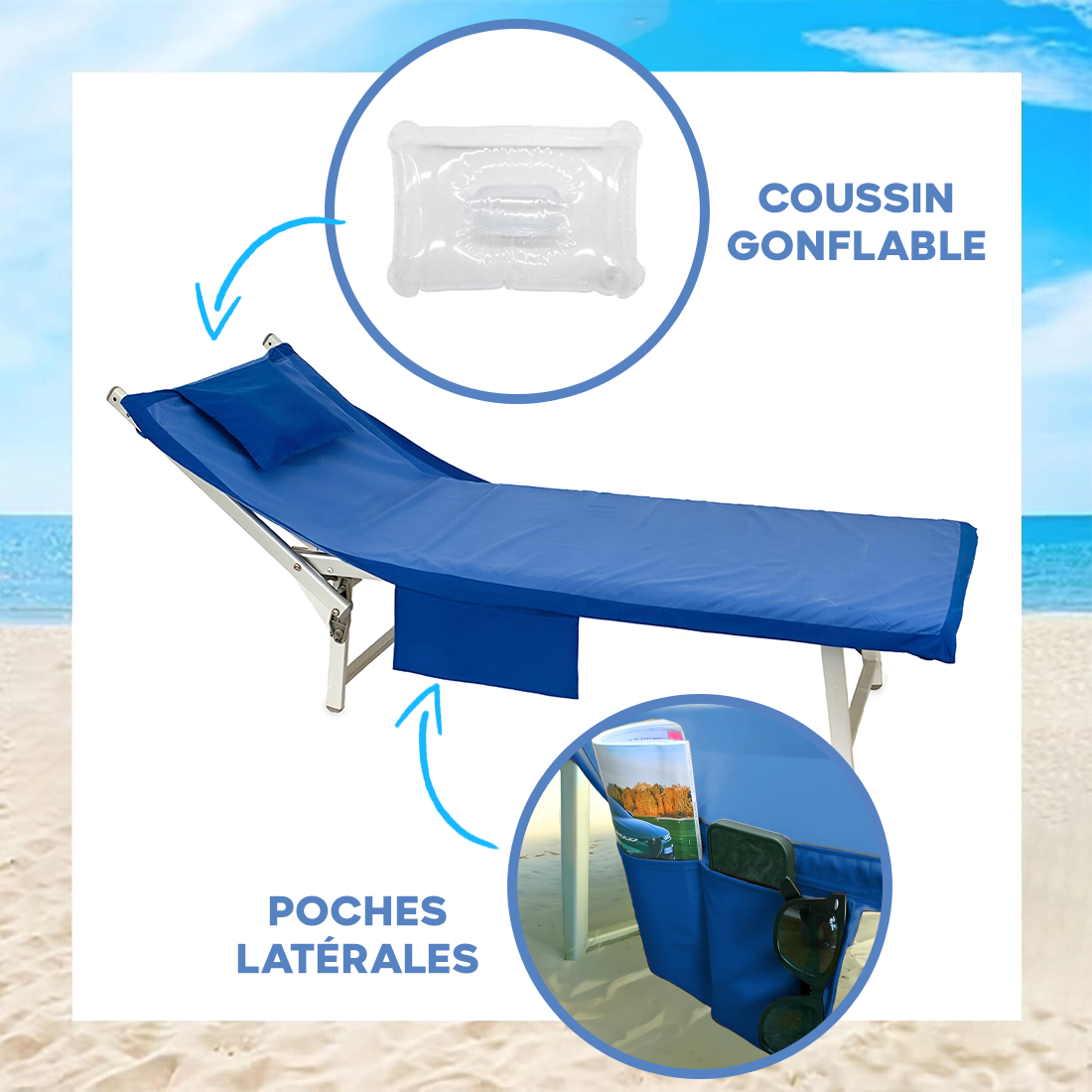 Serviette de Plage avec Poches et Coussin Gonflable en Microfibre