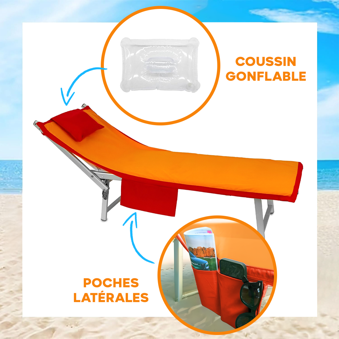 Serviette de Plage avec Poches et Coussin Gonflable en Microfibre
