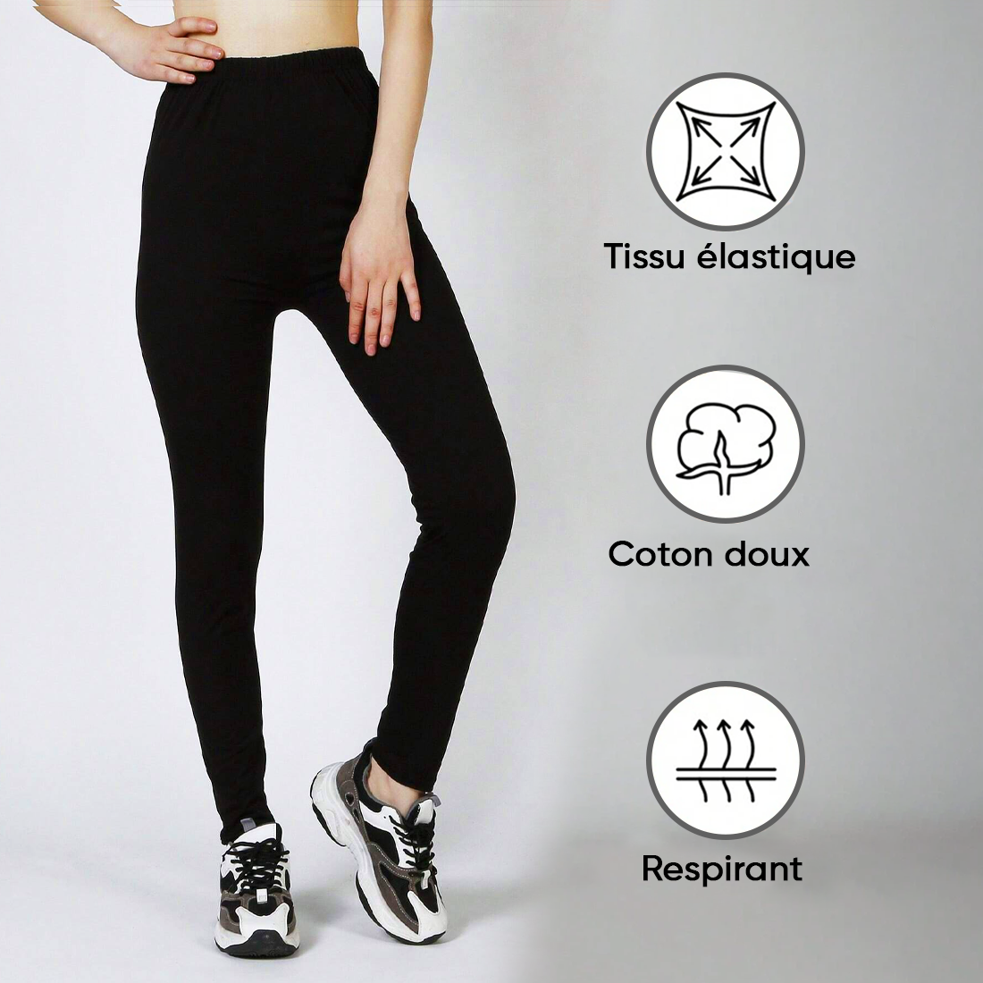 Leggings Femme Fitness en Coton Élastique d'Été Taille Haute Noir Uni
