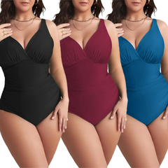 Maillot de Bain Entier Femme Uni Grande Taille Décolleté en V Contenatif
