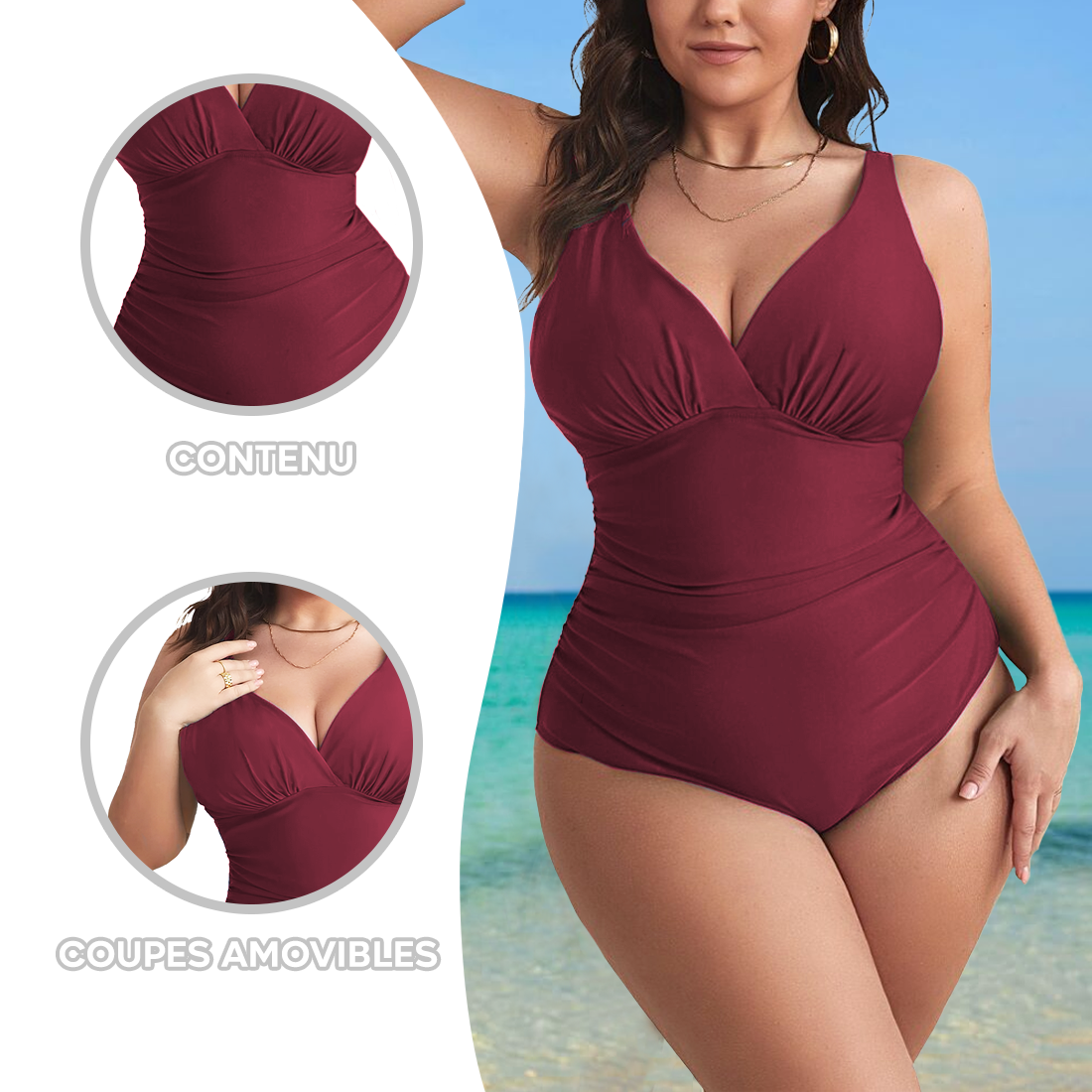 Maillot de Bain Entier Femme Uni Grande Taille Décolleté en V Contenatif