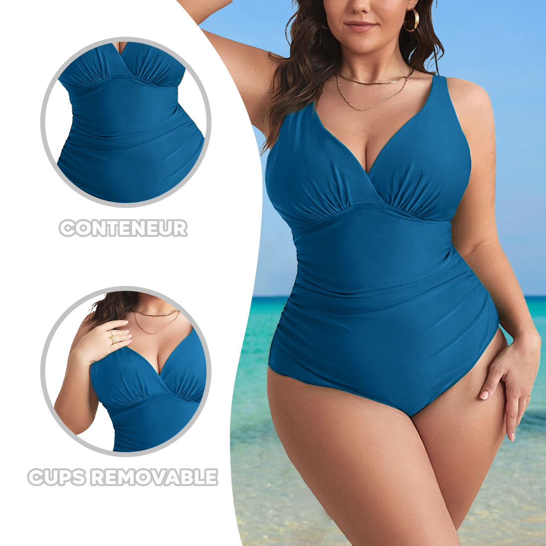 Maillot de Bain Entier Femme Uni Grande Taille Décolleté en V Contenatif