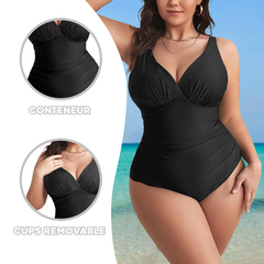 Maillot de Bain Entier Femme Uni Grande Taille Décolleté en V Contenatif