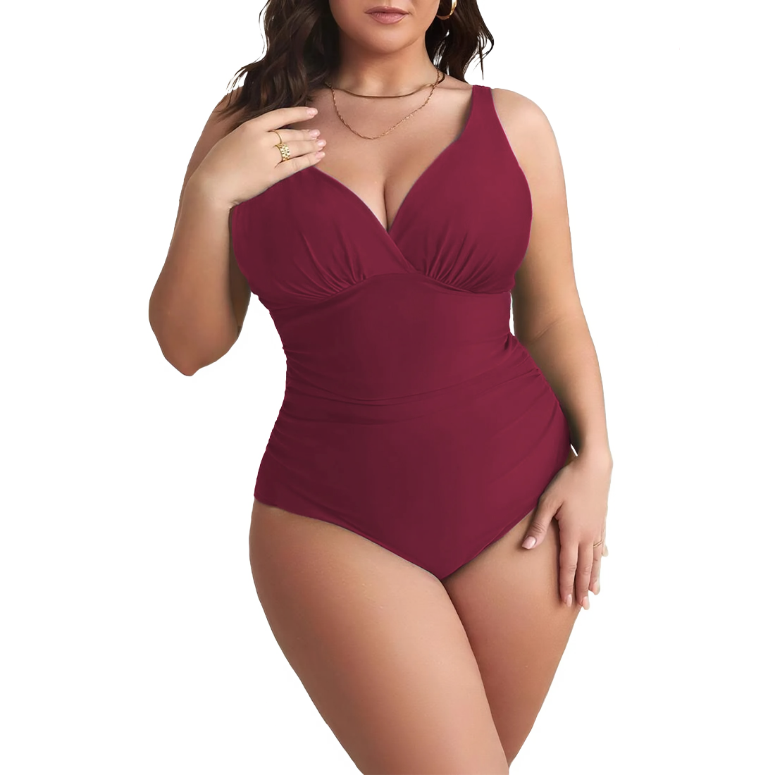 2 pièces Maillot de bain une pièce femme uni grande taille, col en V, gainant