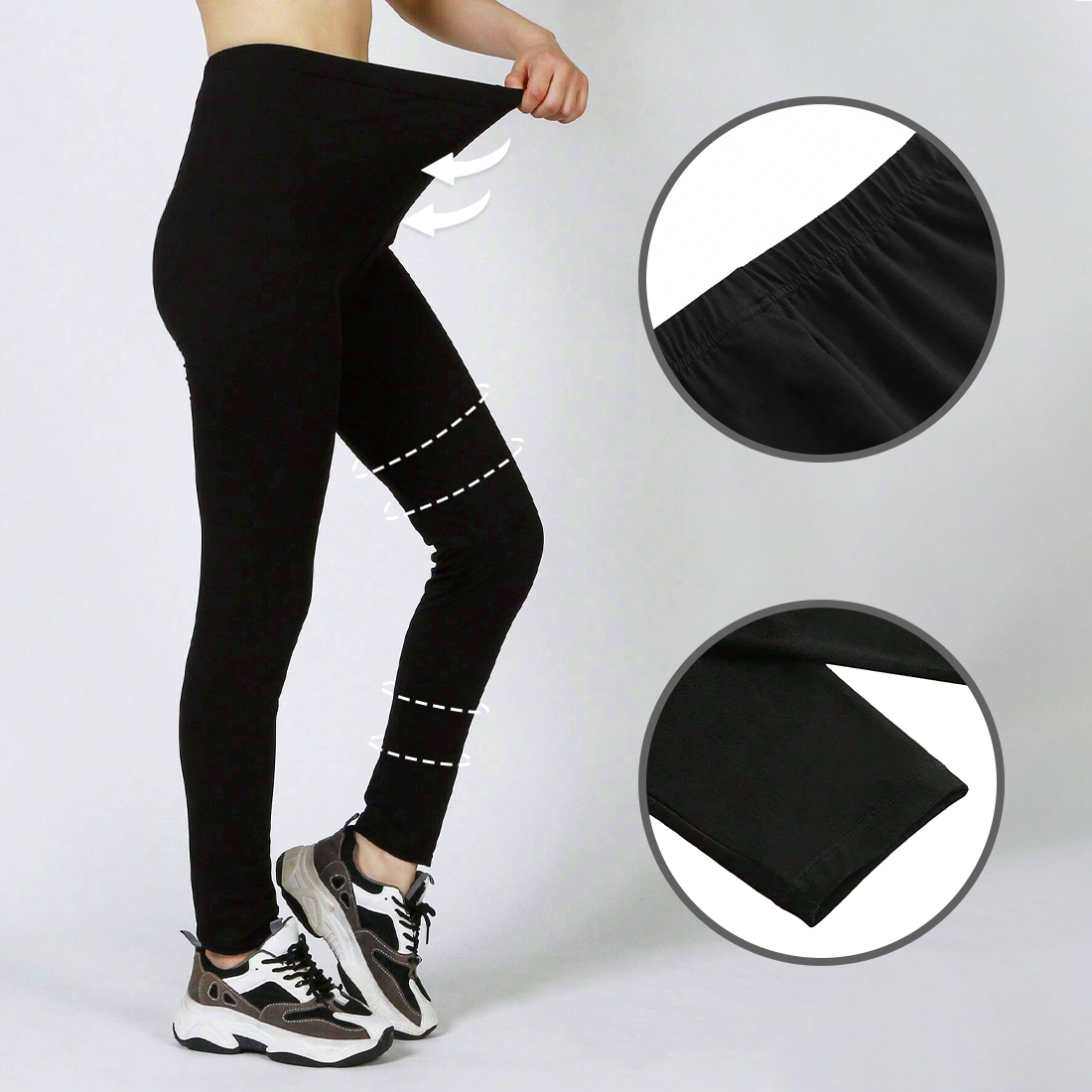 Set de 3 Leggings femme noirs, coton extensible, été, taille haute