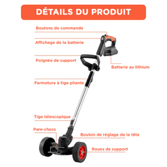 Débroussailleuse sans fil, 2 batteries 21V, roues et tige télescopique pliable
