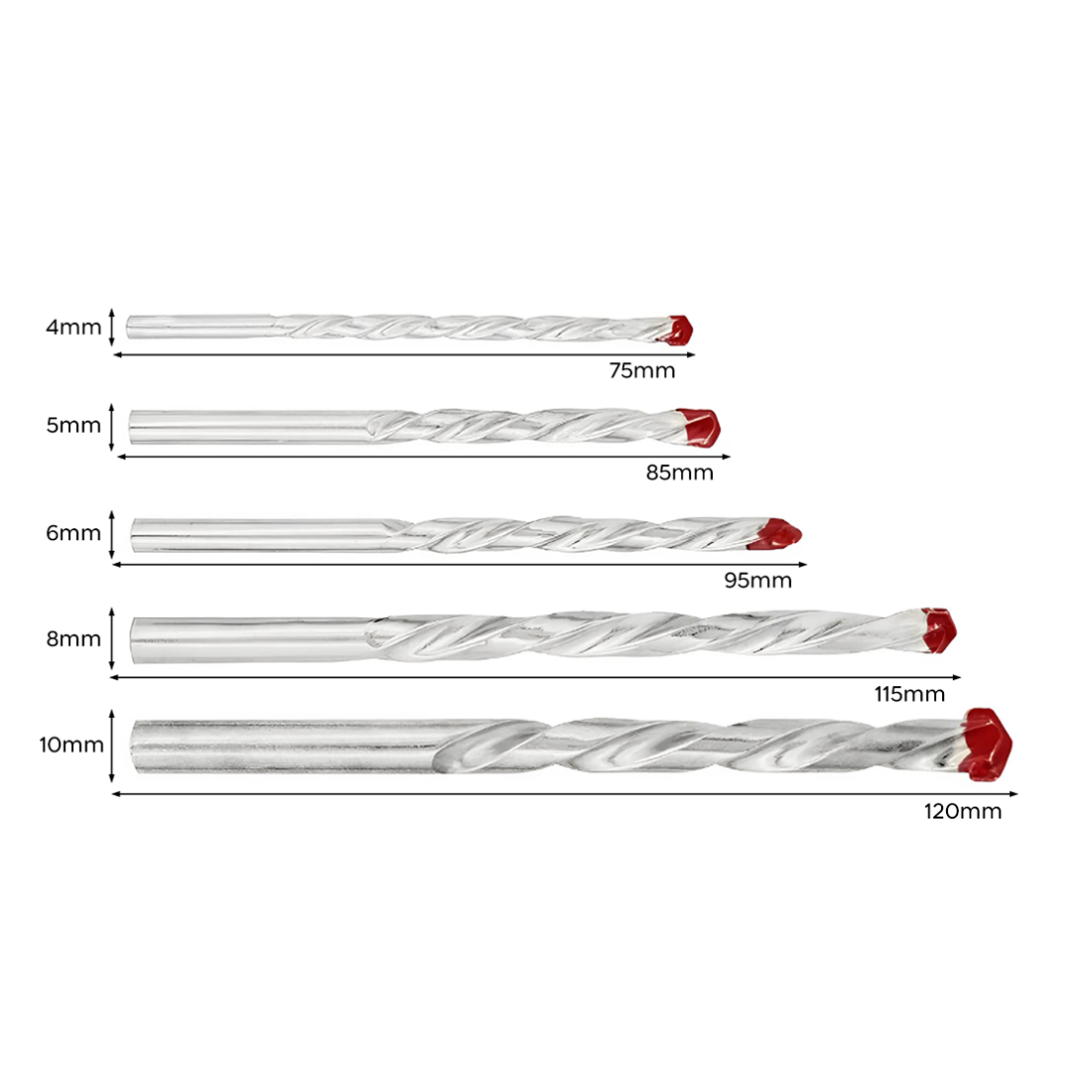 Set de 5 forets hélicoïdaux universels pour perceuse, 4 à 10 mm.