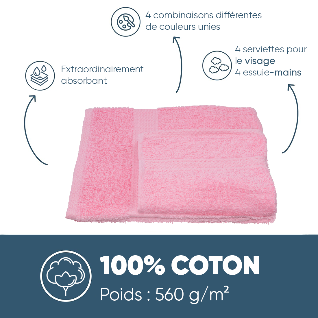 Ensemble de 8 serviettes : 4 pour le visage et 4 invités, en pur coton