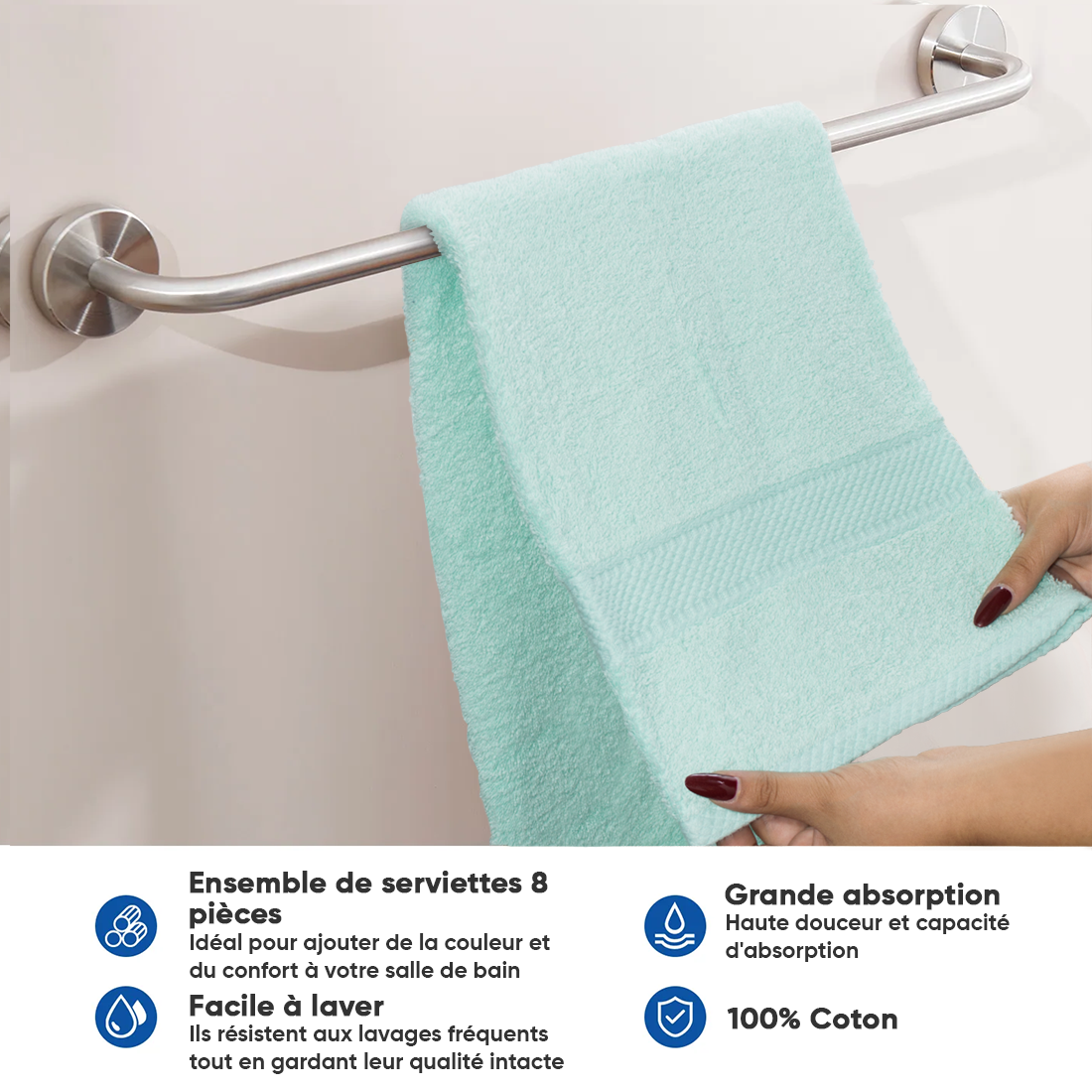 Ensemble de 8 serviettes : 4 pour le visage et 4 invités, en pur coton