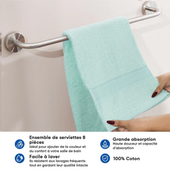 Ensemble de 8 serviettes : 4 pour le visage et 4 invités, en pur coton