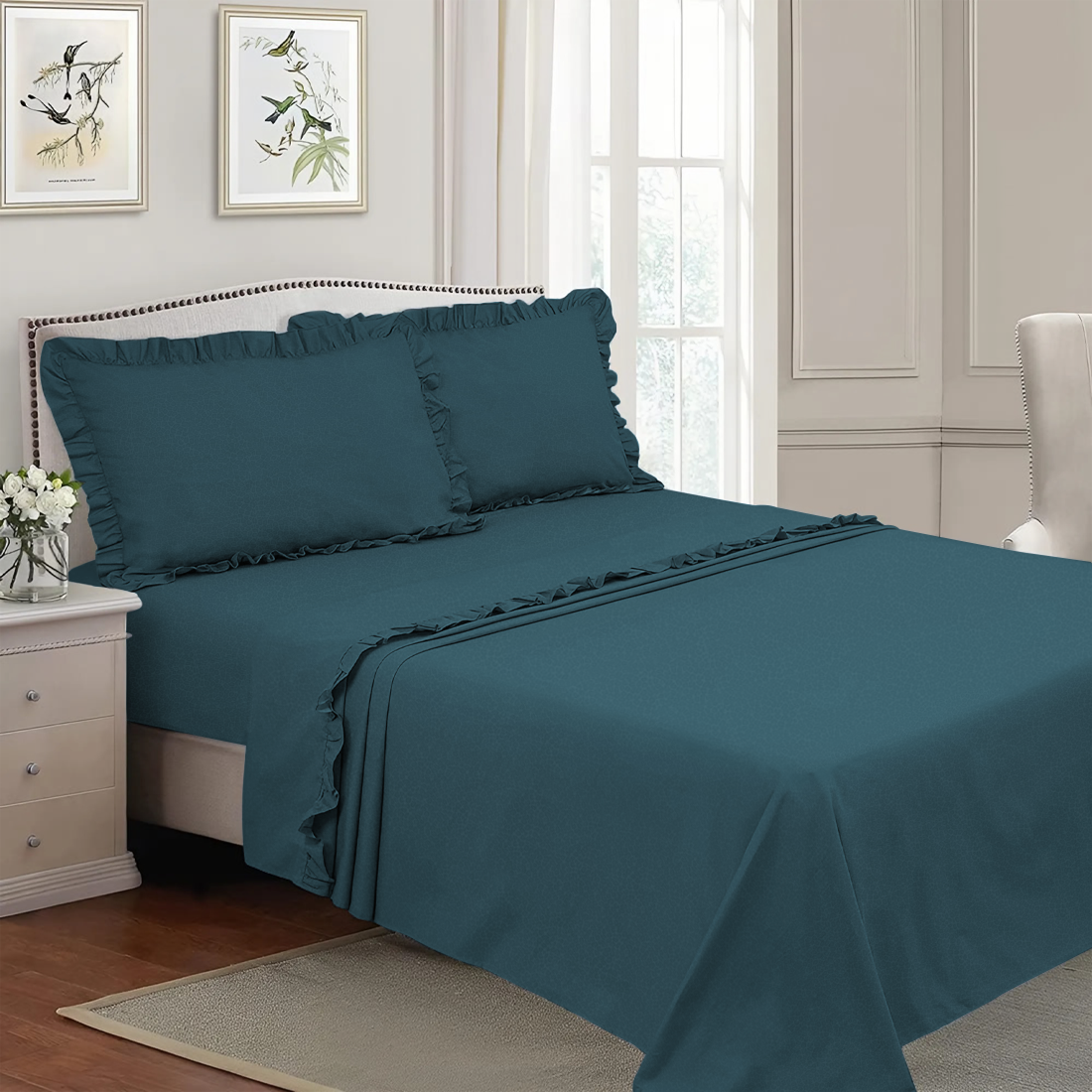 Ensemble lit double avec volant deux draps et deux taies d'oreiller avec volant