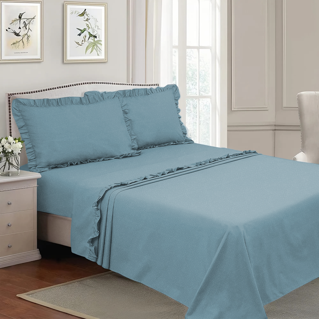 Ensemble lit double avec volant deux draps et deux taies d'oreiller avec volant