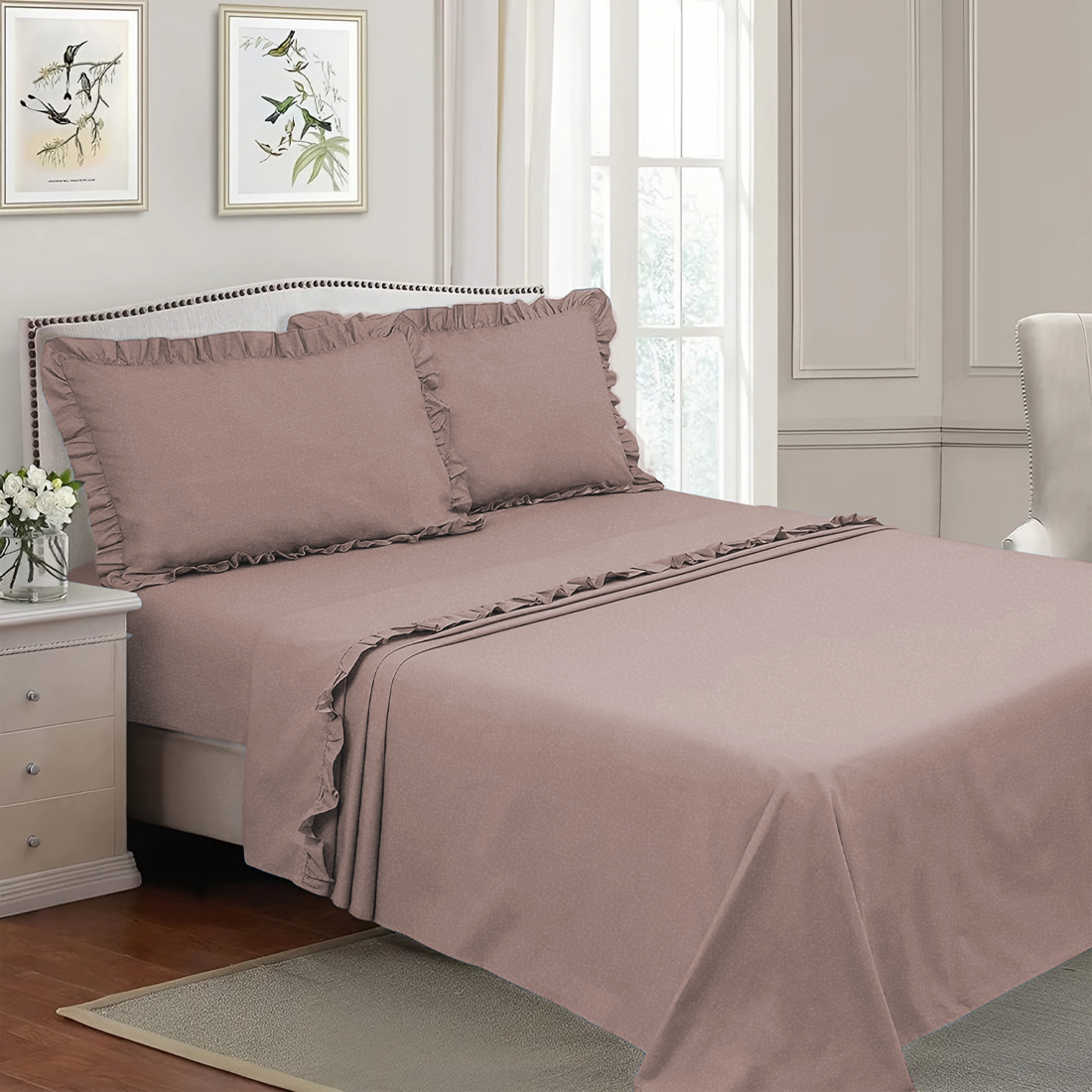 Ensemble lit double avec volant deux draps et deux taies d'oreiller avec volant