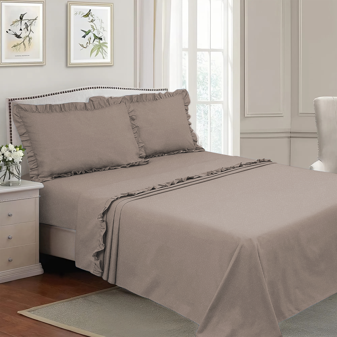 Ensemble lit double avec volant deux draps et deux taies d'oreiller avec volant