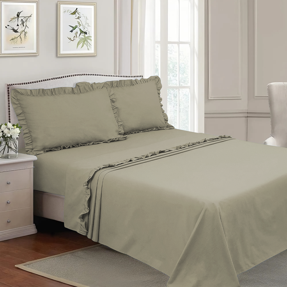 Ensemble lit double avec volant deux draps et deux taies d'oreiller avec volant