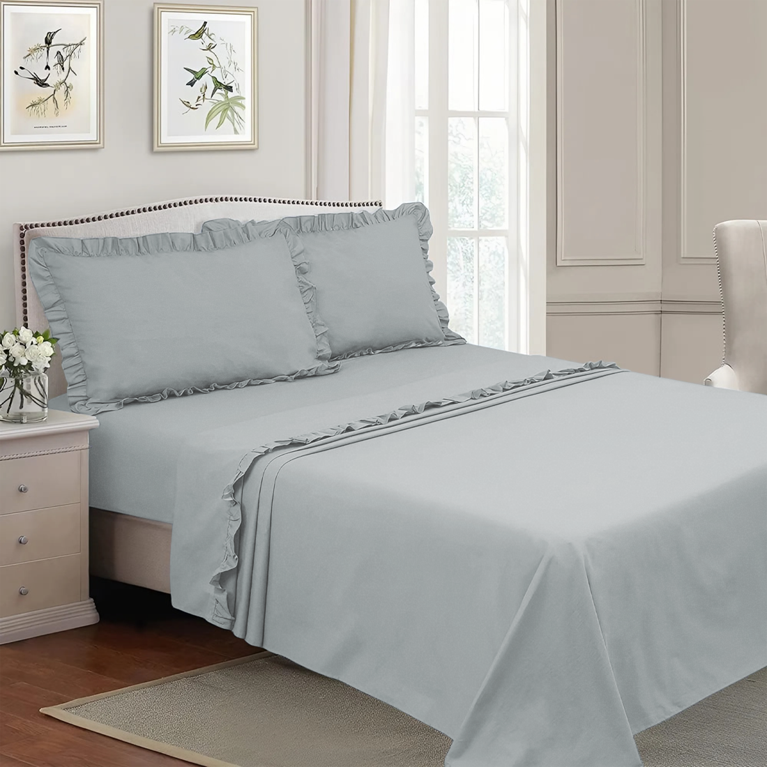 Ensemble lit double avec volant deux draps et deux taies d'oreiller avec volant