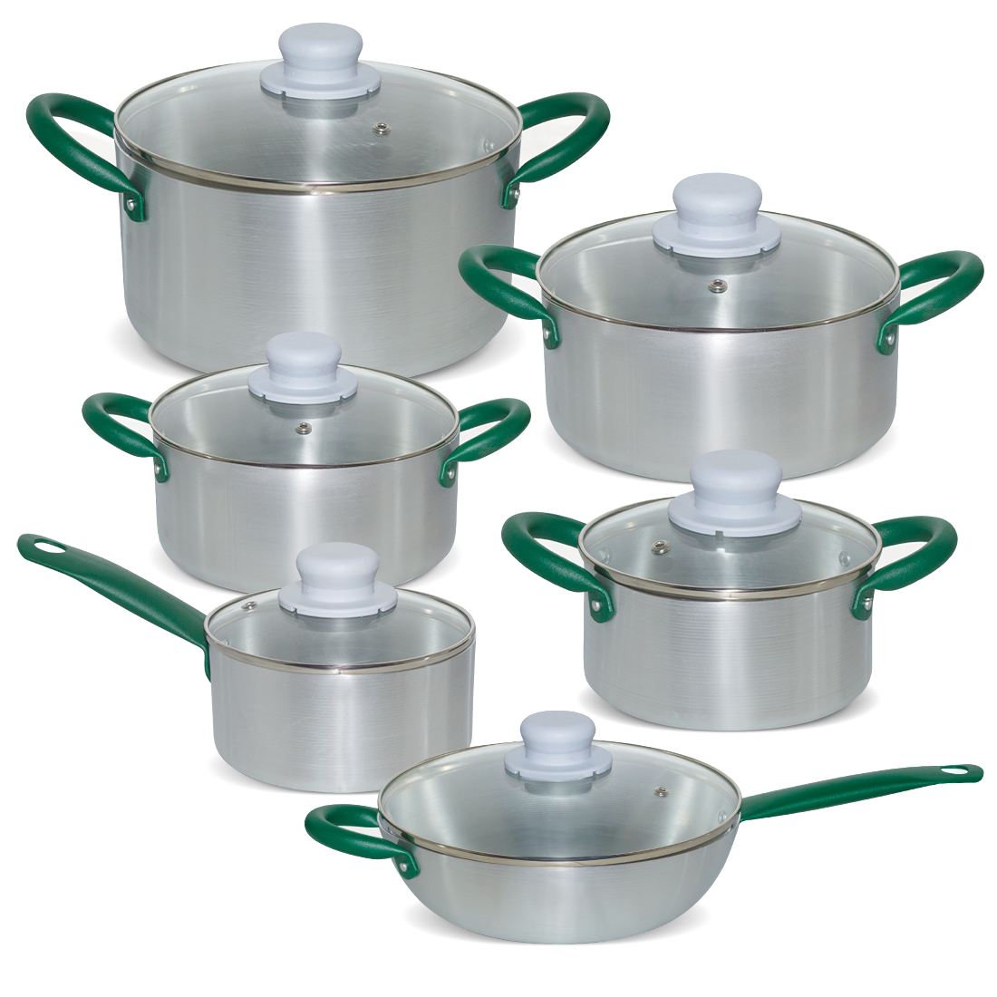 Batterie de Casseroles en Aluminium de 12 Pièces avec Couvercle en Verre Trempé