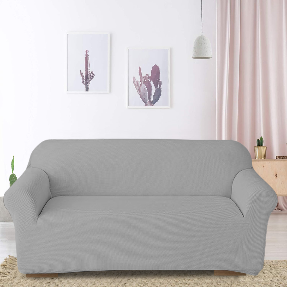 Housse de canapé 3 places avec élastique, uni, anti-tache en tissu piqué