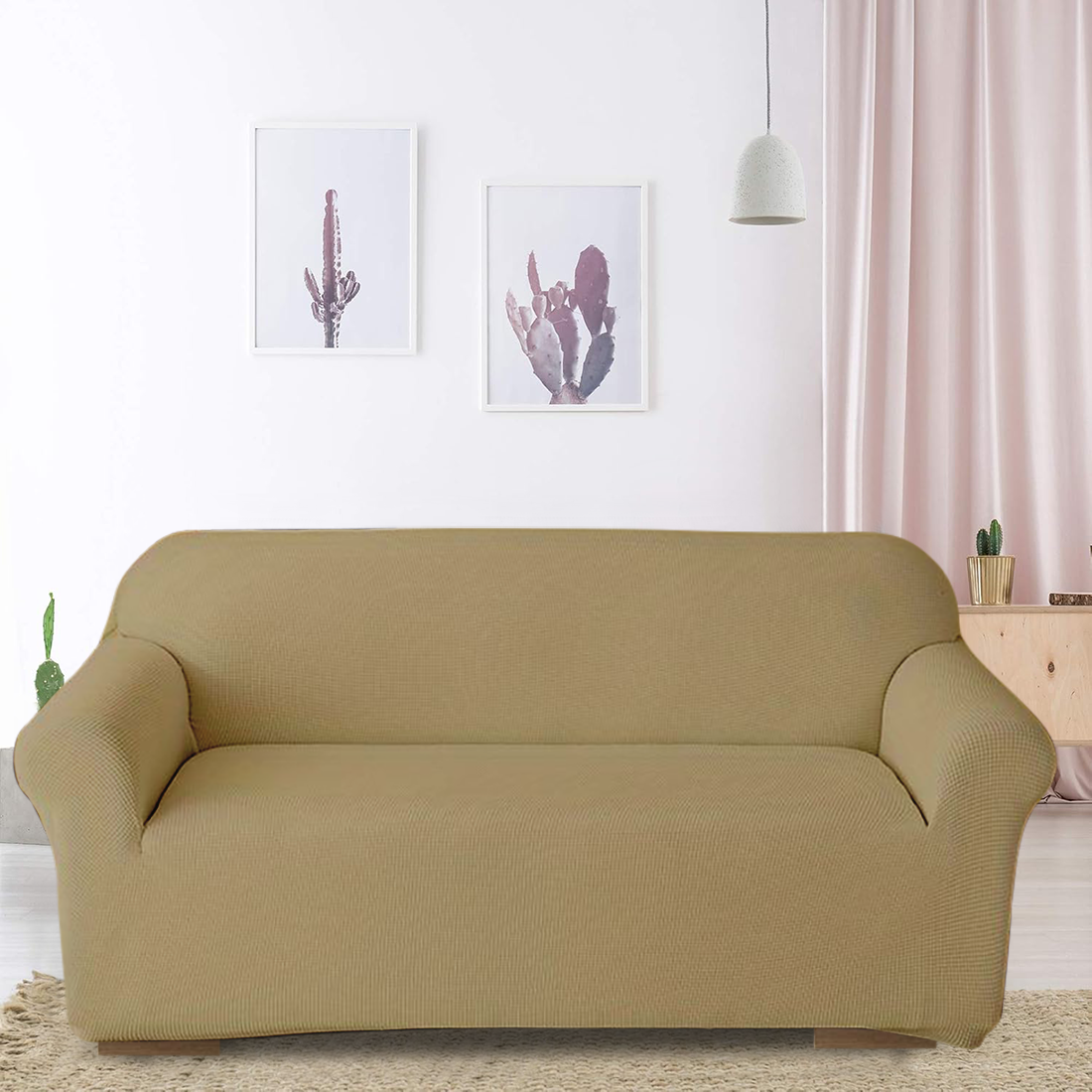 Housse de canapé 3 places avec élastique, uni, anti-tache en tissu piqué