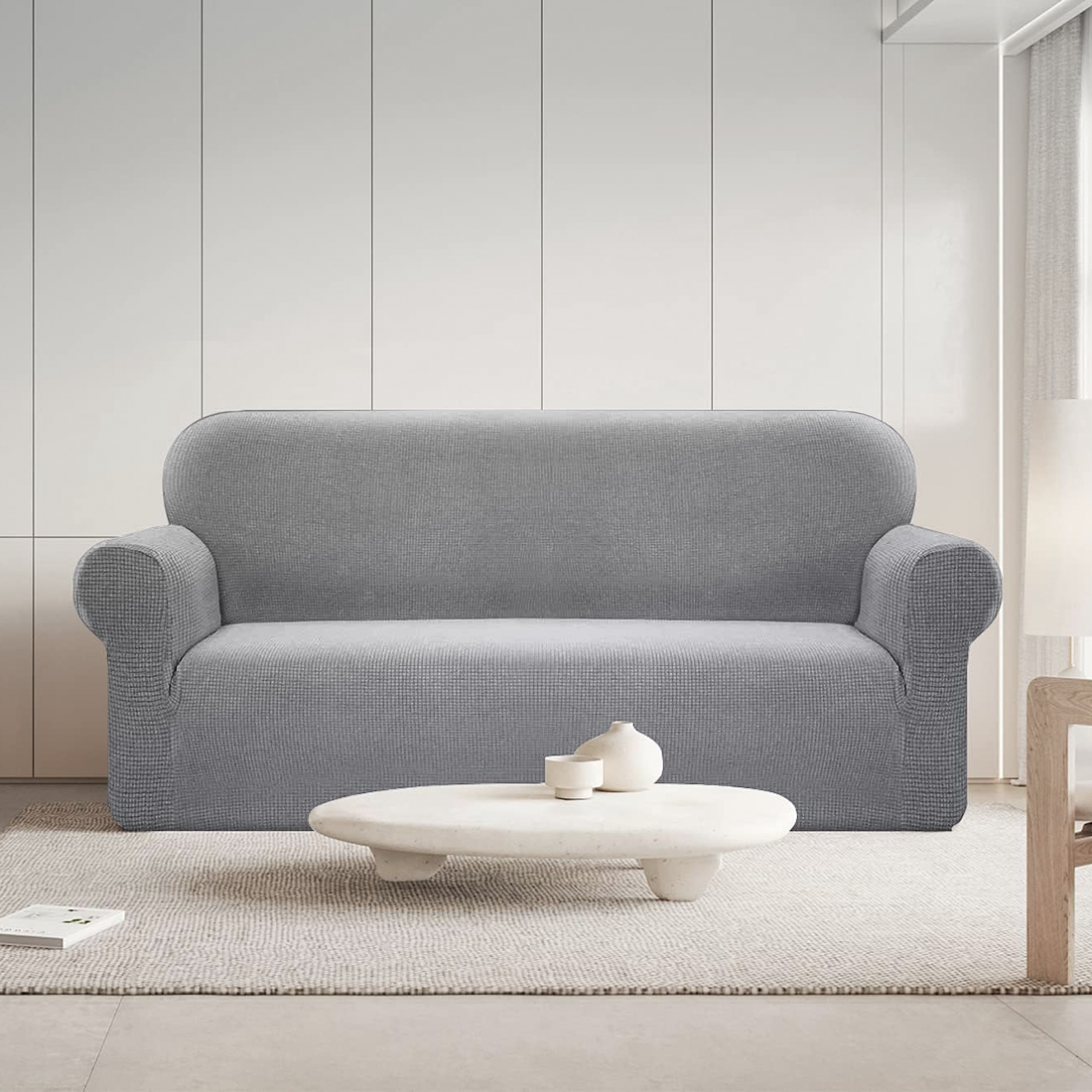 Housse de canapé 4 places avec élastique, unie, anti-taches, en tissu piqué
