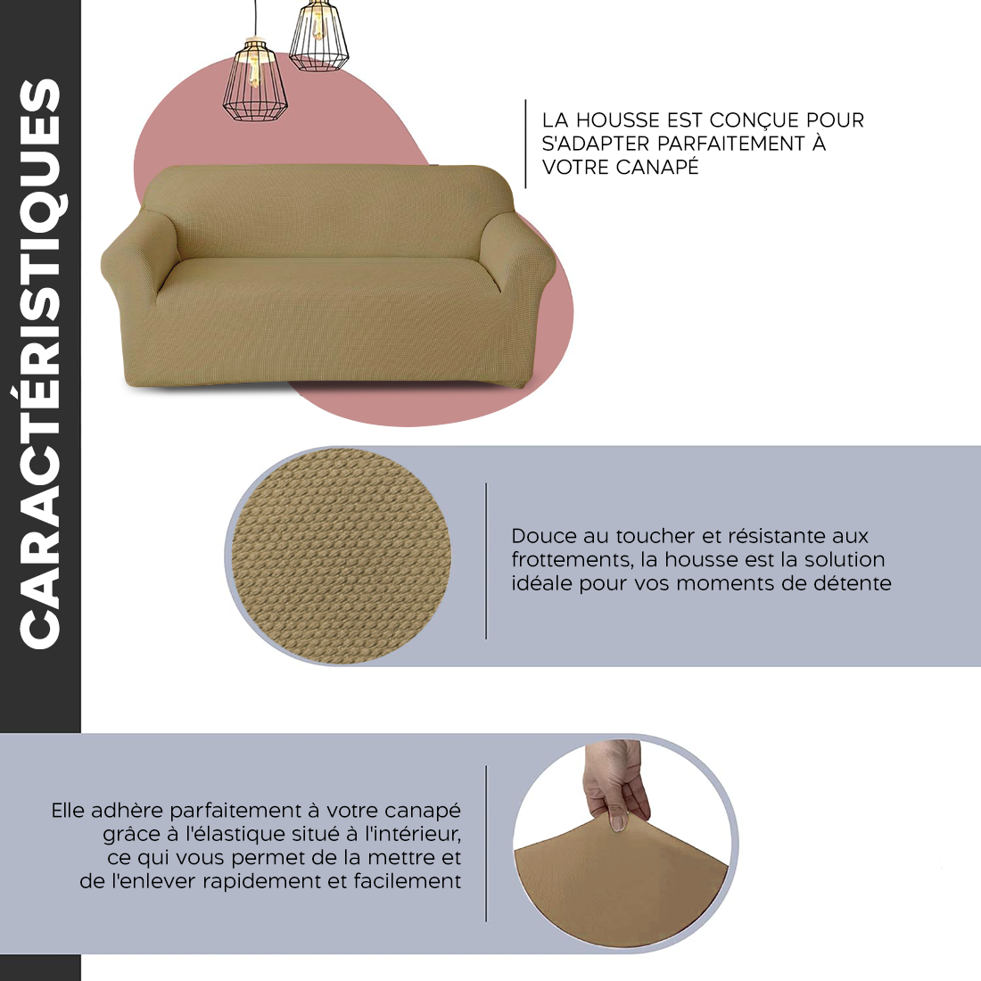 Housse de Canapé 2 Places avec Élastique Uni Antitache en Tissu Piquet
