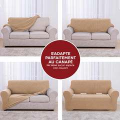 Housse de canapé 3 places avec élastique, uni, anti-tache en tissu piqué