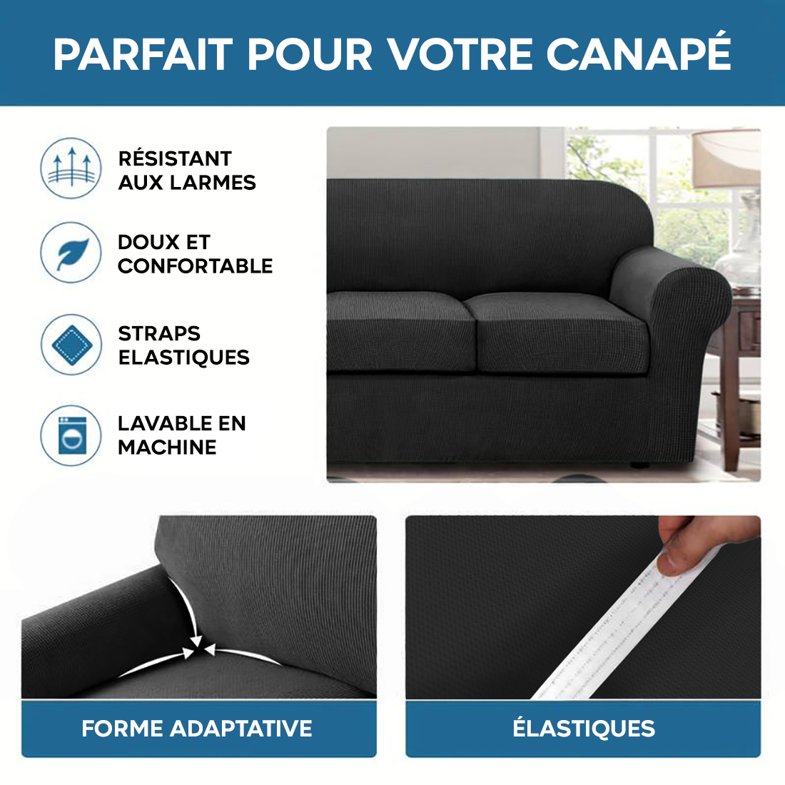 Housse de canapé 3 places avec élastique, uni, anti-tache en tissu piqué
