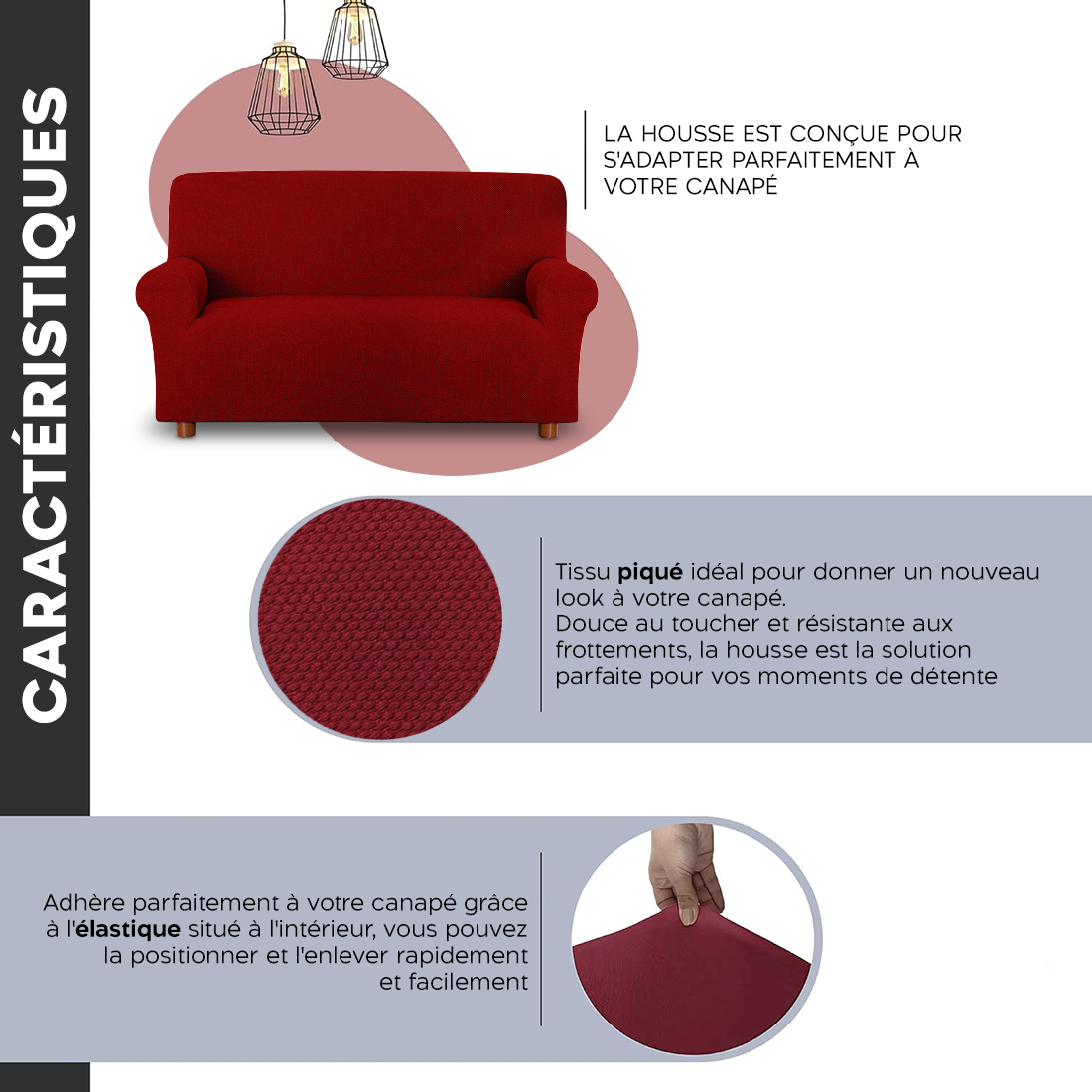 Housse de canapé 3 places avec élastique, uni, anti-tache en tissu piqué