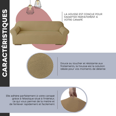 Housse de canapé 4 places avec élastique, unie, anti-taches, en tissu piqué