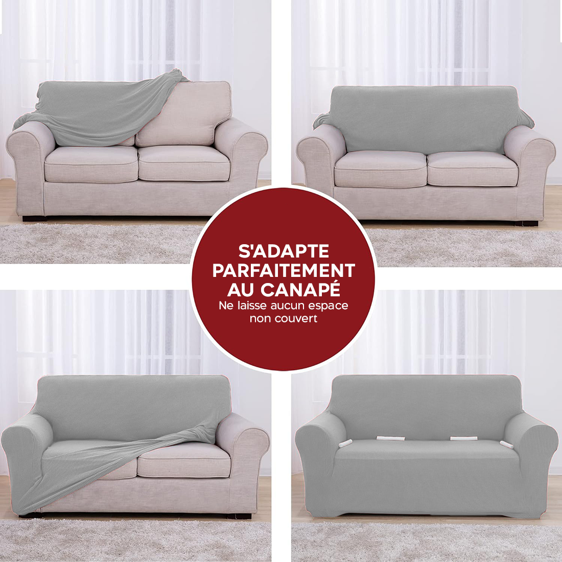 Housse de canapé 4 places avec élastique, unie, anti-taches, en tissu piqué