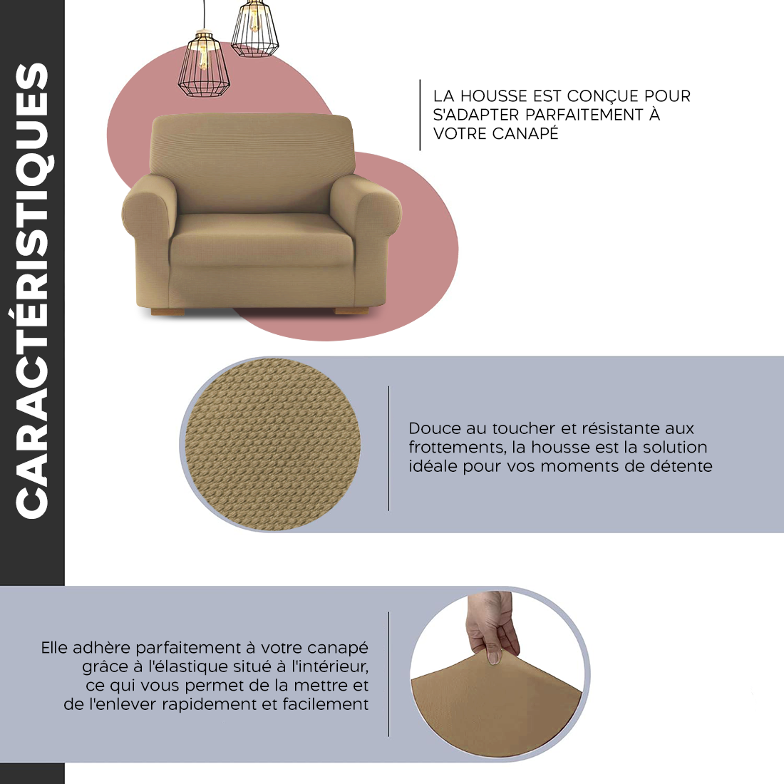 Housse de fauteuil 1 place avec élastique, unie, antimacchia, tissu piqué