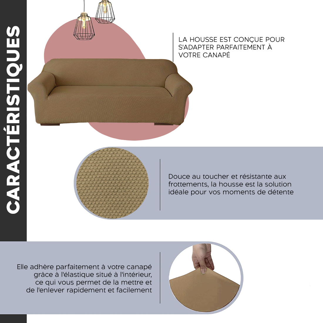 Housse de canapé 4 places avec élastique, unie, anti-taches, en tissu piqué