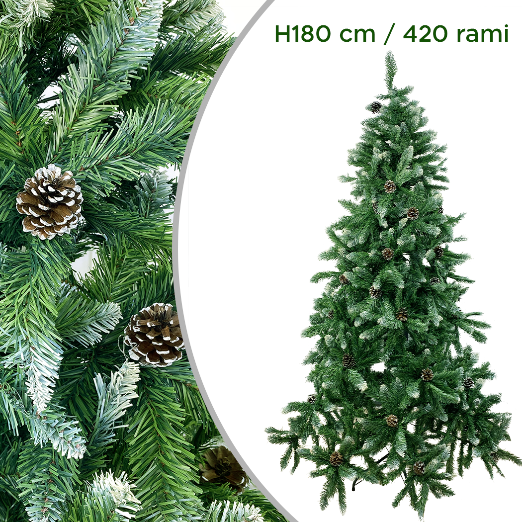 Arbre de Noël Artificiel avec Pommes de Pin et Neige 180H en PVC Support Métal