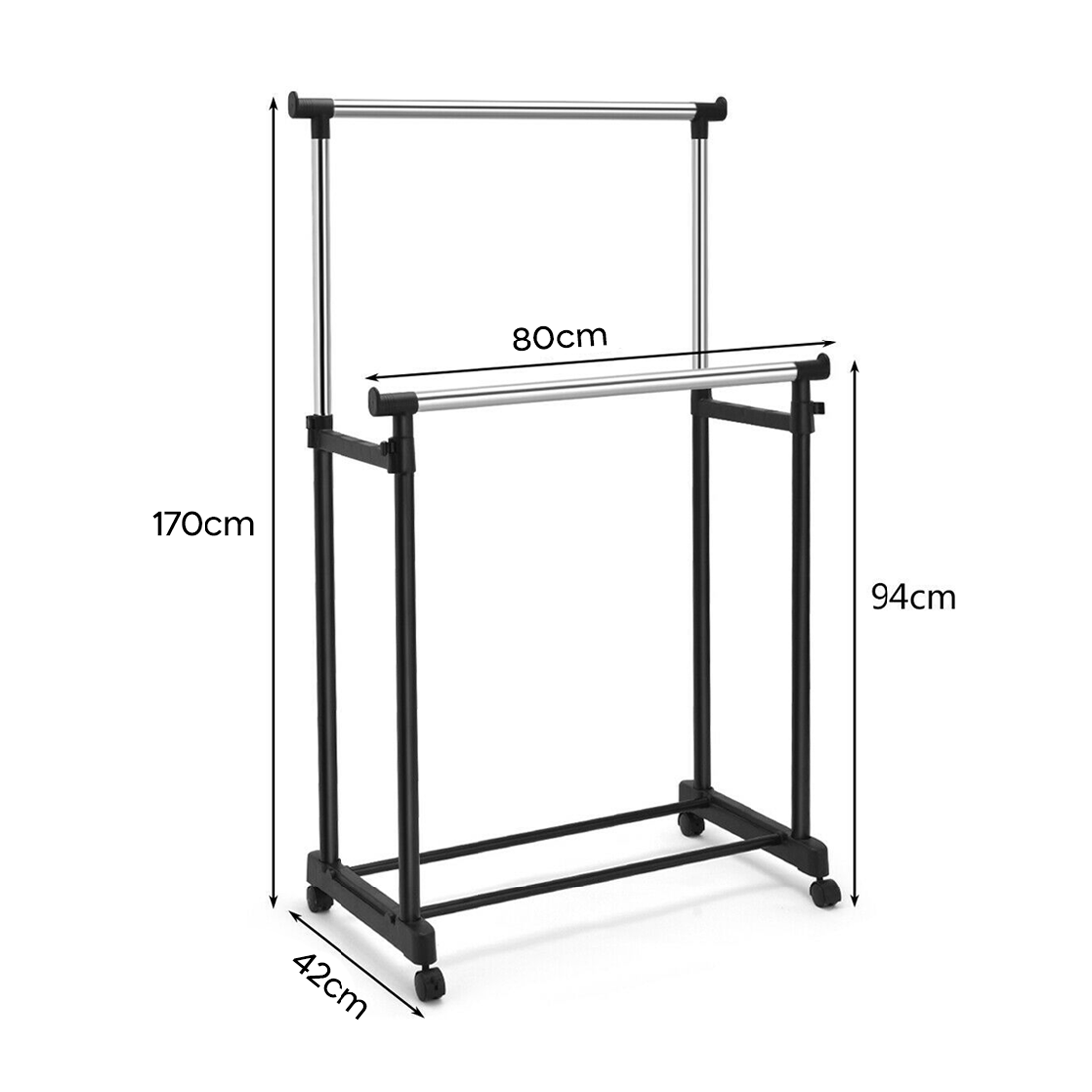 Portant double réglable avec roulettes et support pour chaussures